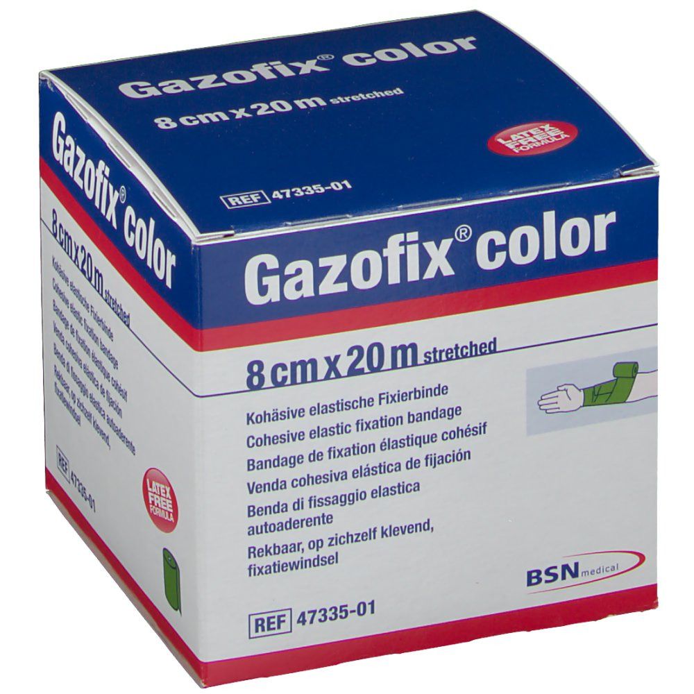 Emballage de Gazofix® color, 8 cm x 20 m, vert. Inscription : Bande de fixation élastique cohésif. Sans latex.