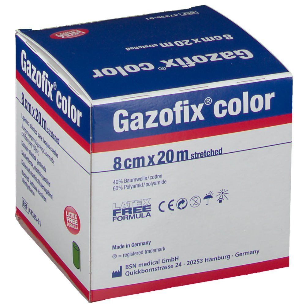Emballage de Gazofix® color, 8 cm x 20 m, vert. Inscription : 40% coton, 60% polyamide. Sans latex. Marquage CE.