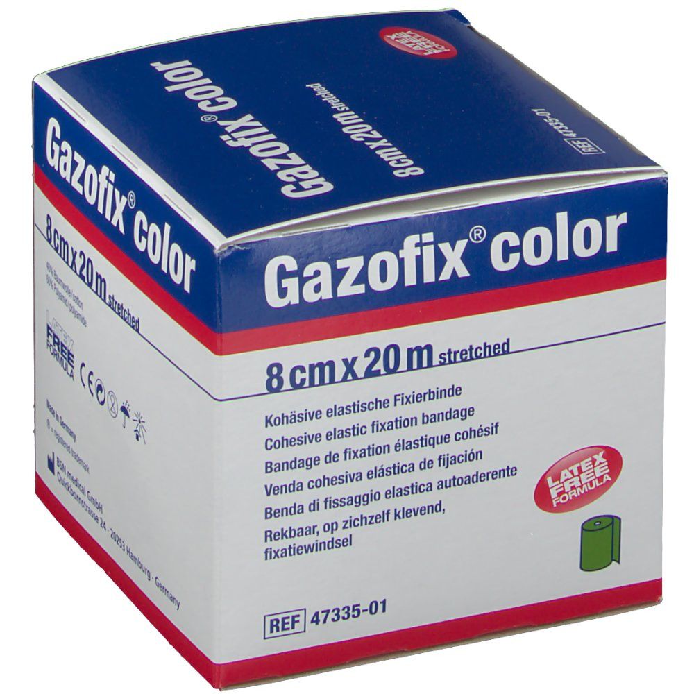 Emballage de Gazofix® color, 8 cm x 20 m, vert. Inscription : Bande de fixation élastique cohésif. Sans latex.