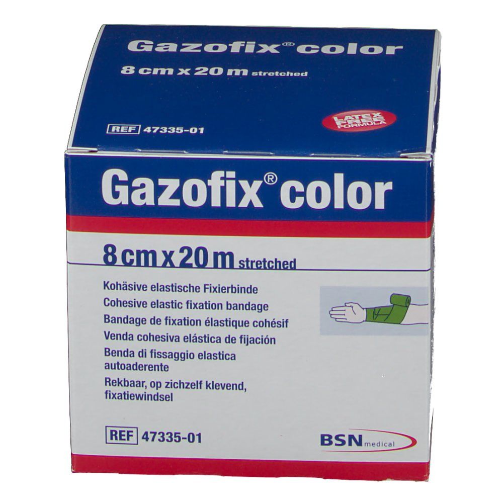 Emballage de Gazofix® color, 8 cm x 20 m, vert. Inscription : Bande de fixation élastique cohésif. Illustration de l'application.