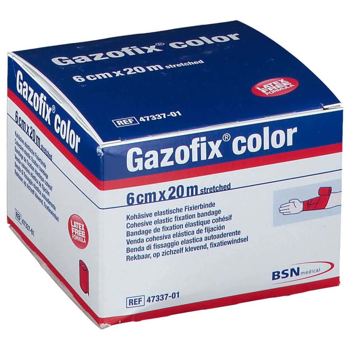 Gazofix color, 6 cm x 20 m, rose. Bande cohésive de fixation. Sans latex. BSN medical. Emballage.