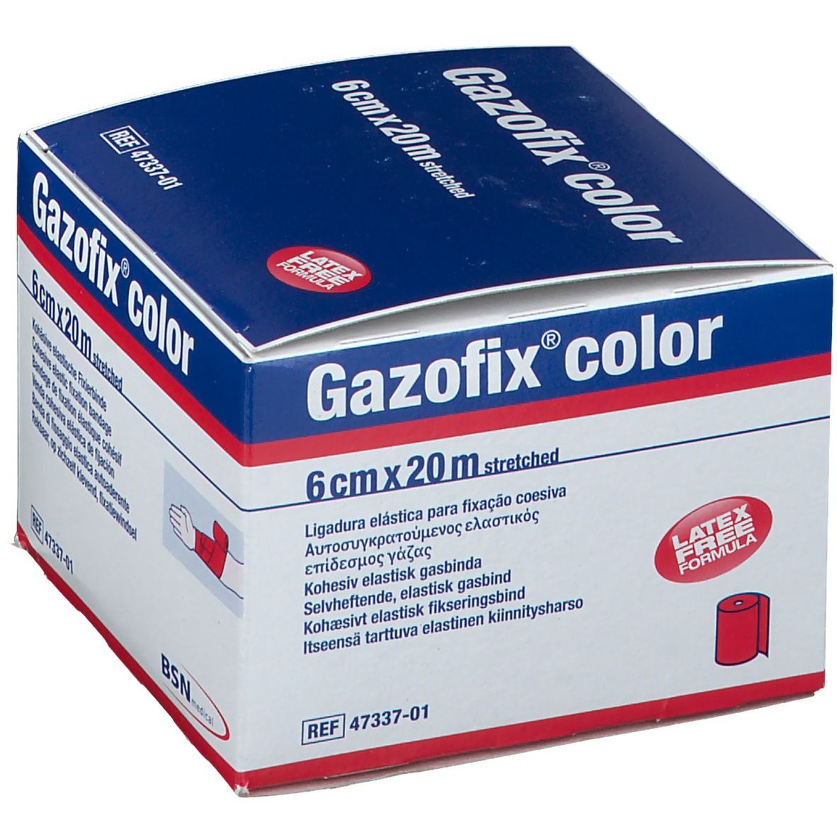 Gazofix color, 6 cm x 20 m, rose. Bande cohésive de fixation. Sans latex. BSN medical. Emballage.