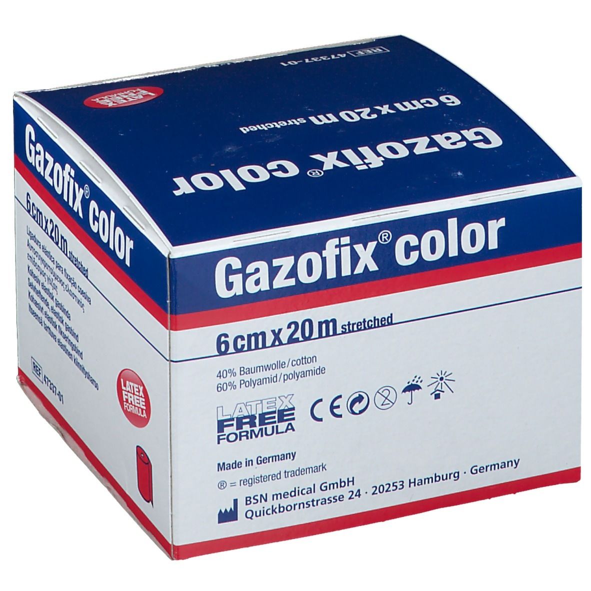 Gazofix color, 6 cm x 20 m, rose. Bande cohésive de fixation. Sans latex. BSN medical. Emballage.