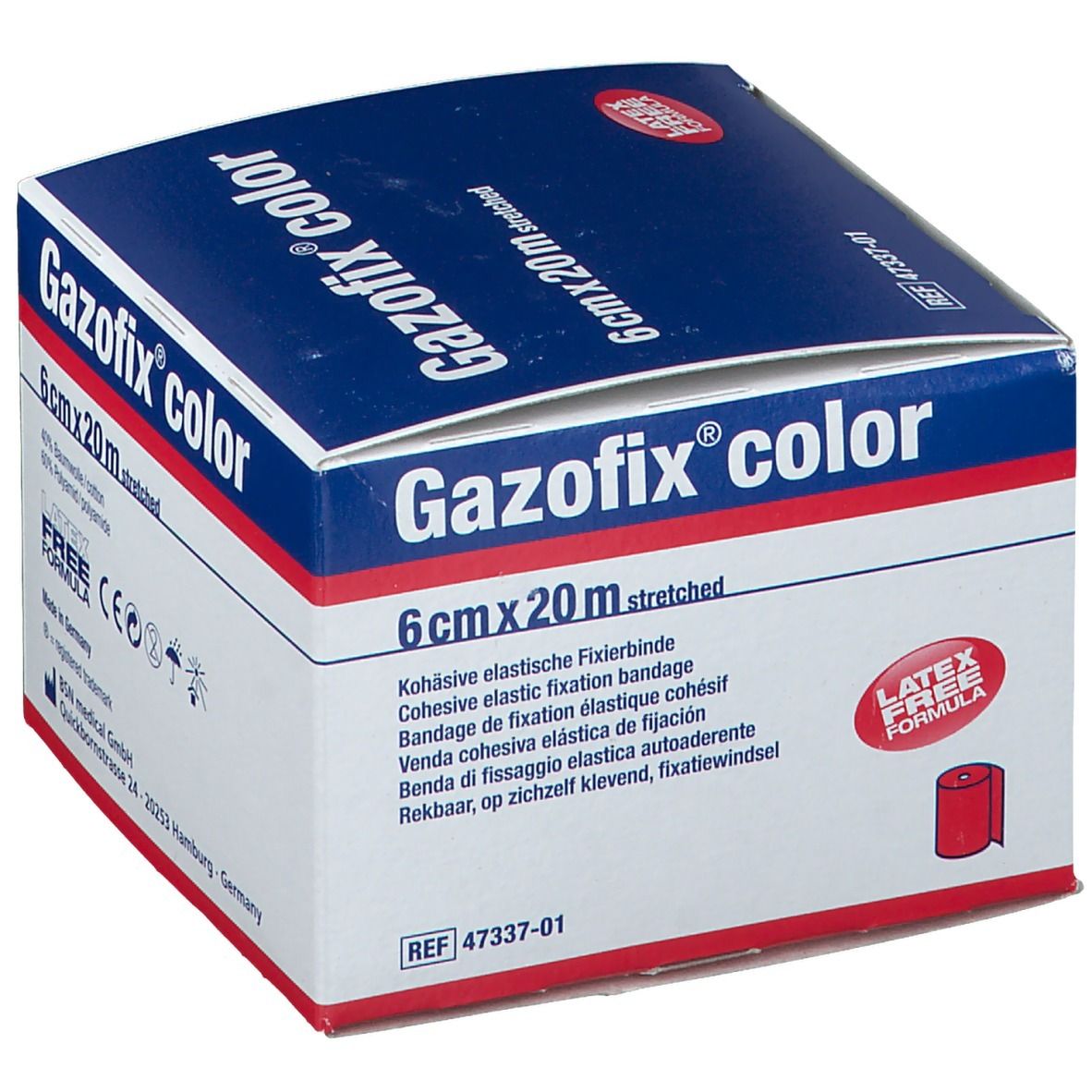 Gazofix color, 6 cm x 20 m, rose. Bande cohésive de fixation. Sans latex. BSN medical. Emballage.