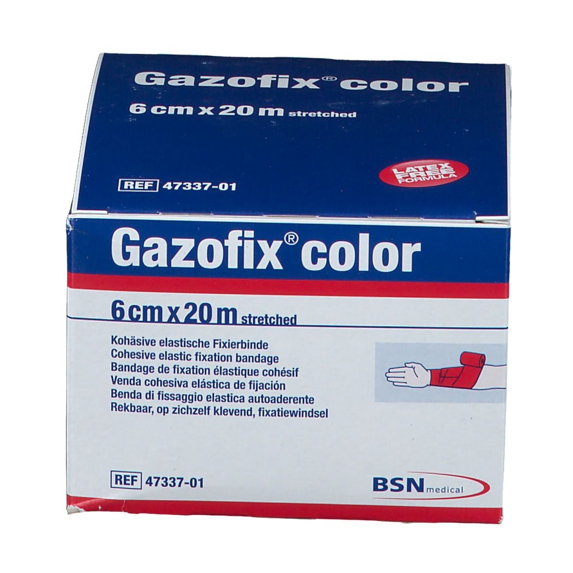 Gazofix color, 6 cm x 20 m, rose. Bande cohésive de fixation. Sans latex. BSN medical. Emballage.