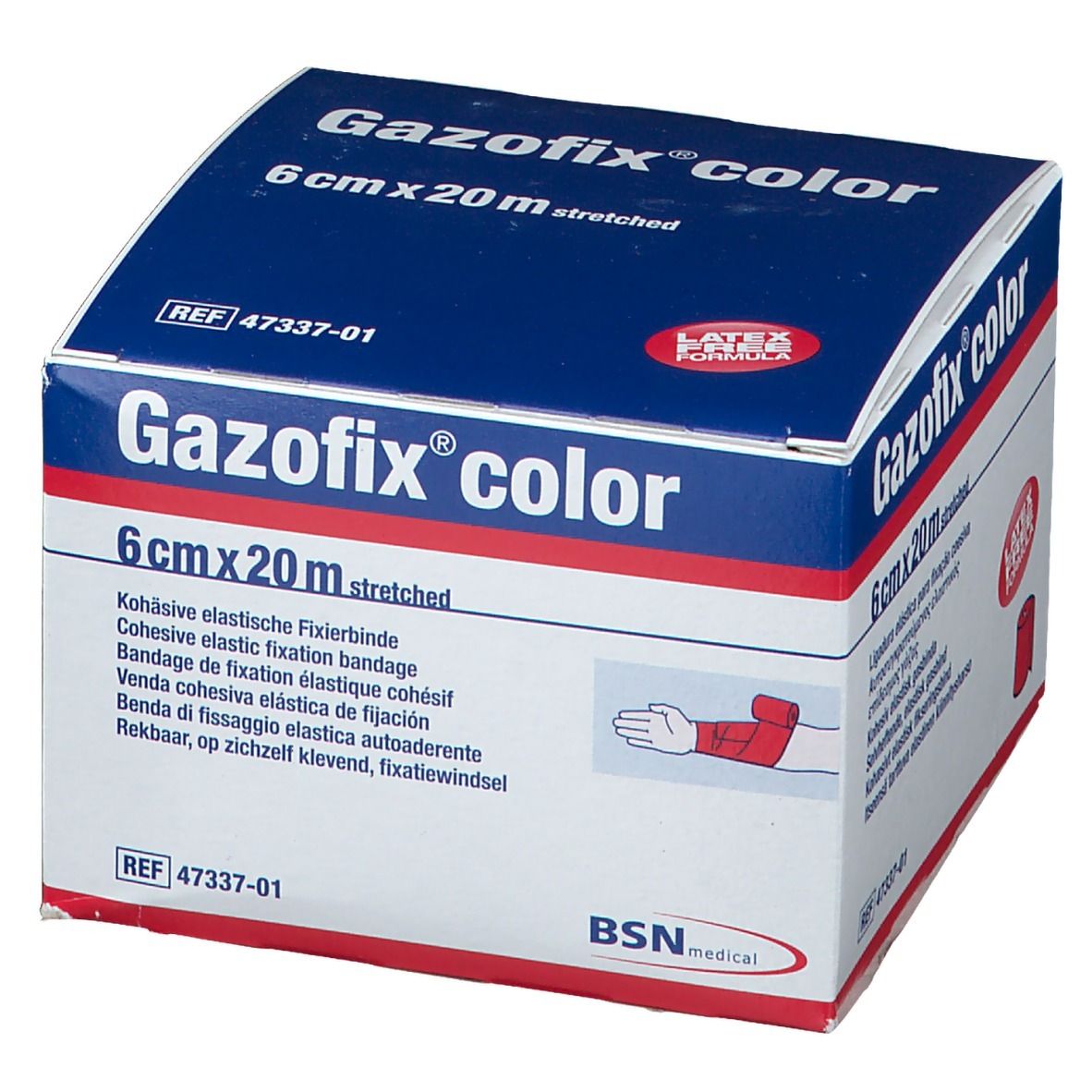 Gazofix color, 6 cm x 20 m, rose. Bande cohésive de fixation. Sans latex. BSN medical. Emballage.