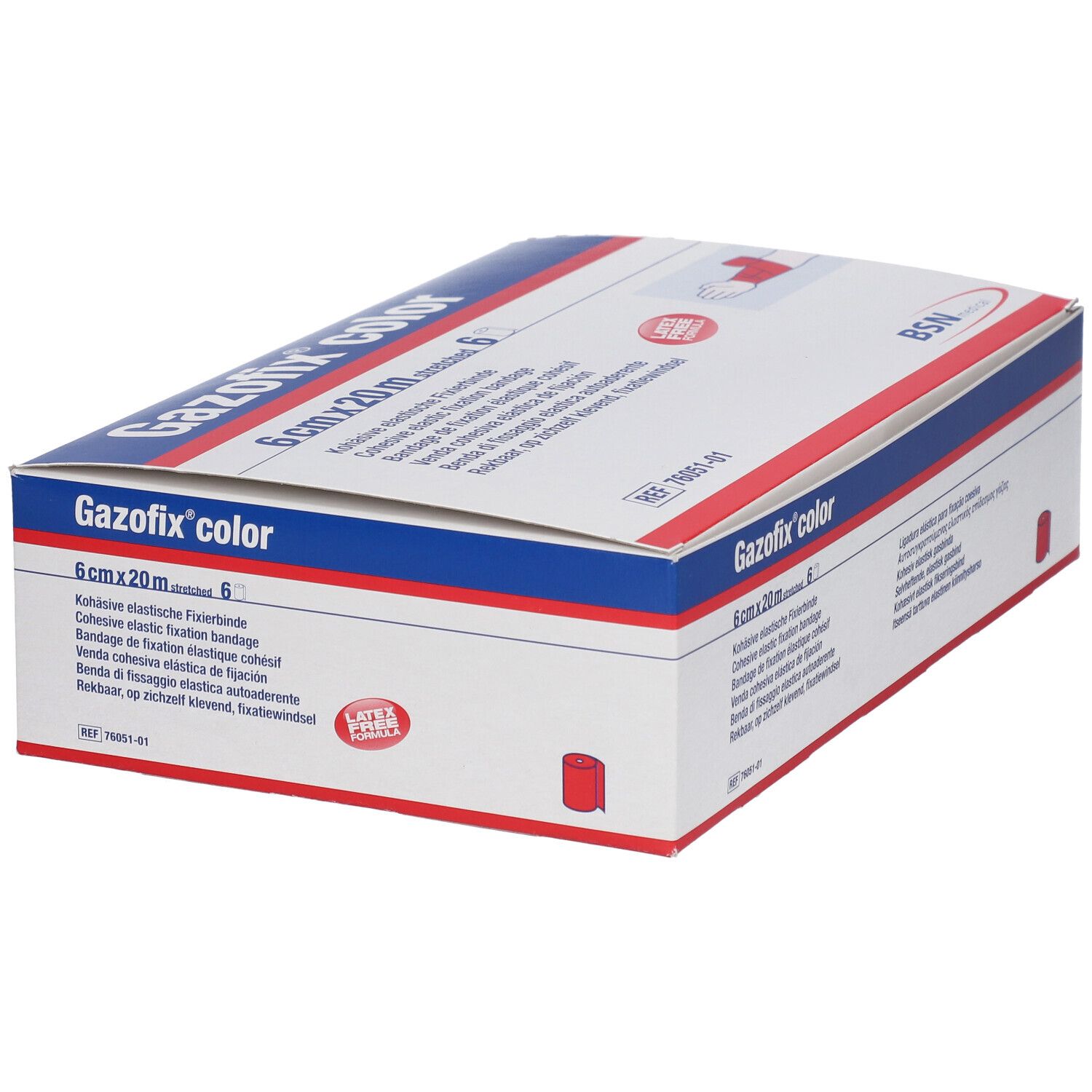 Gazofix color 6 cm x 20 m rose. Boîte avec informations produit. Logo BSN medical. Sans latex.