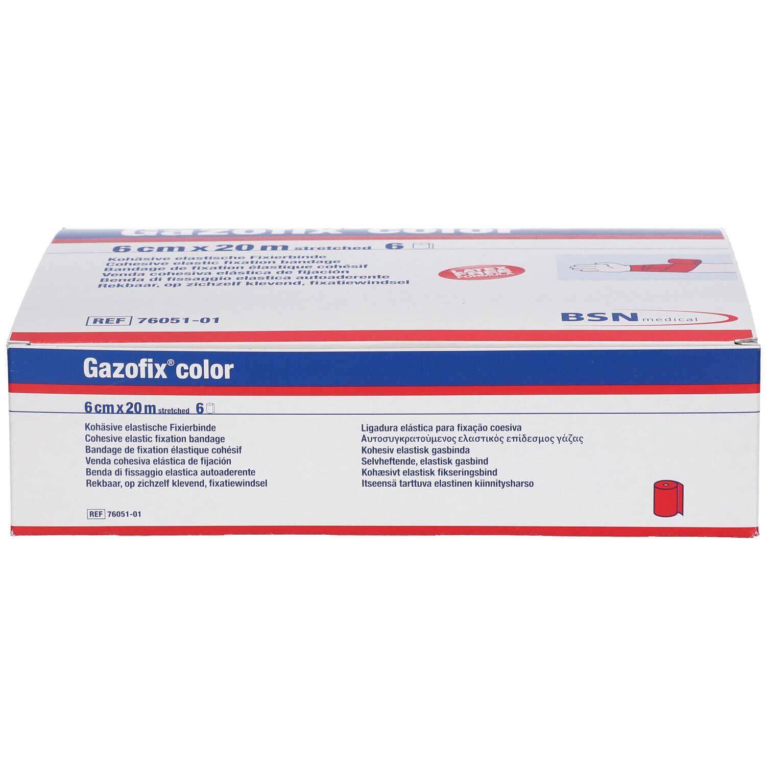 Gazofix color 6 cm x 20 m rose. Boîte avec informations produit. Logo BSN medical. Représentation d'un rouleau rouge.