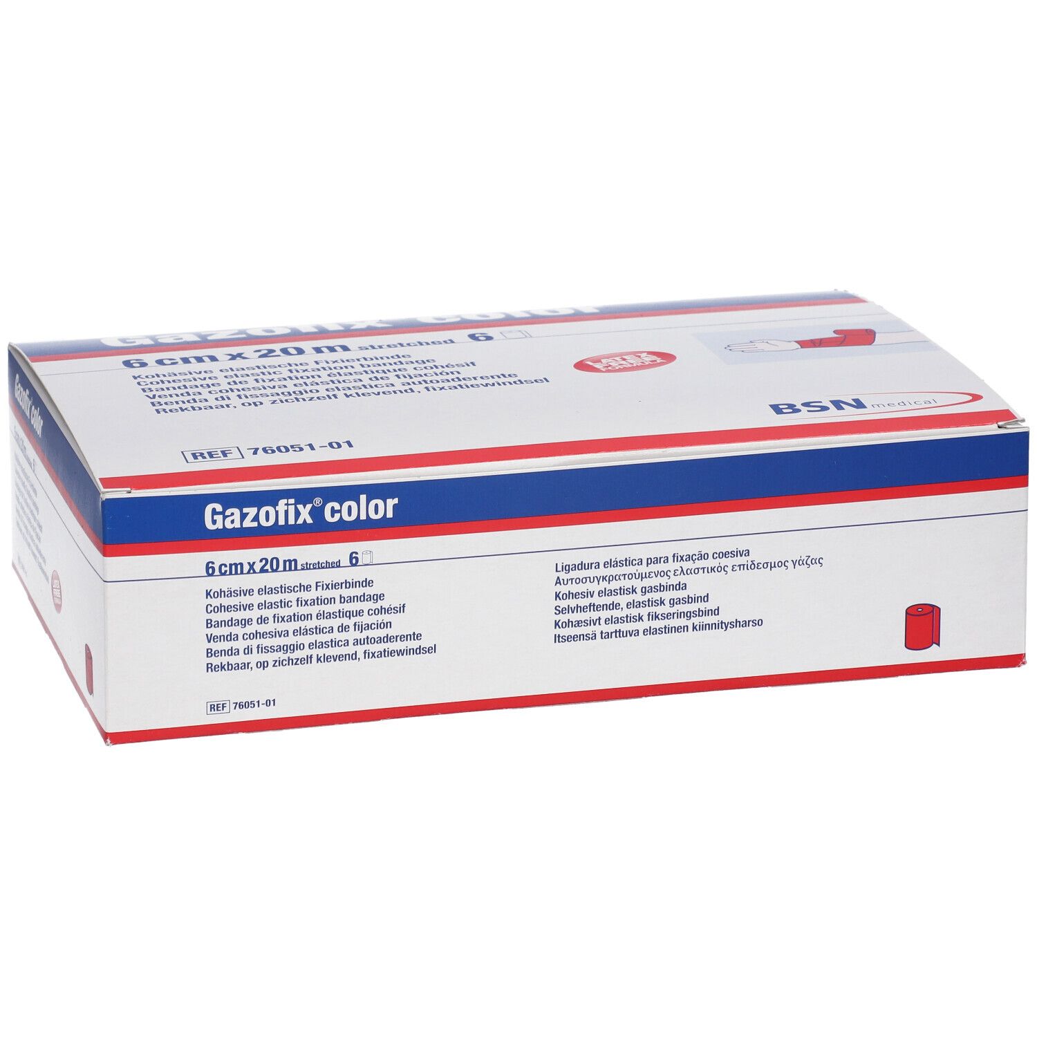 Gazofix color 6 cm x 20 m rose. Boîte avec informations produit. Logo BSN medical. Représentation d'un rouleau rouge.