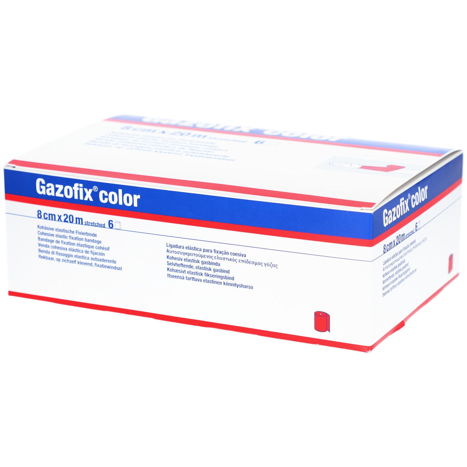 Emballage de Gazofix color. 8cm x 20m, 6 unités. Boîte blanche avec bandes bleues et rouges. Nom du produit et dimensions visibles.