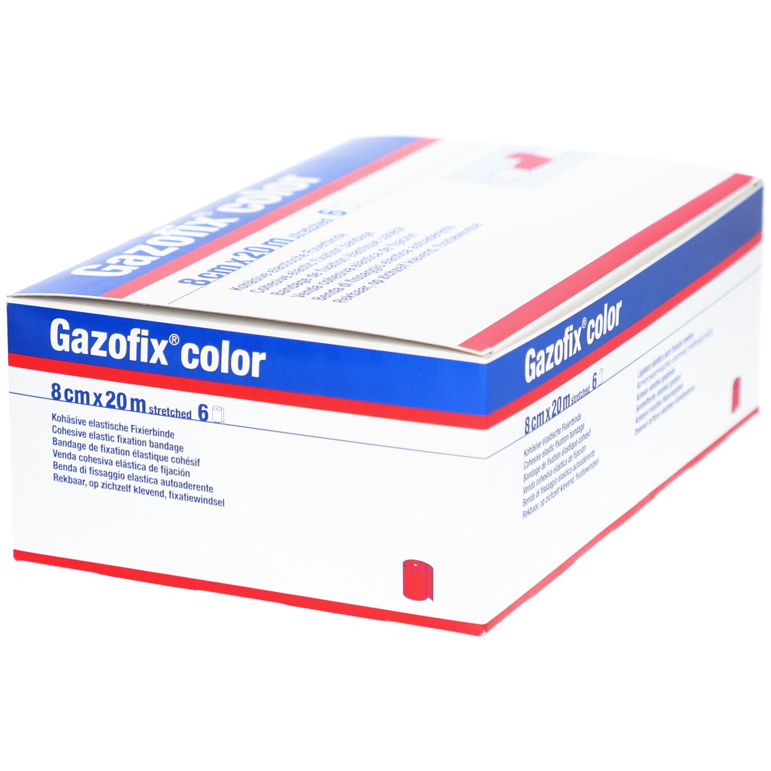 Emballage de Gazofix color. 8cm x 20m, 6 unités. Boîte blanche avec bandes bleues et rouges. Nom du produit et dimensions visibles.