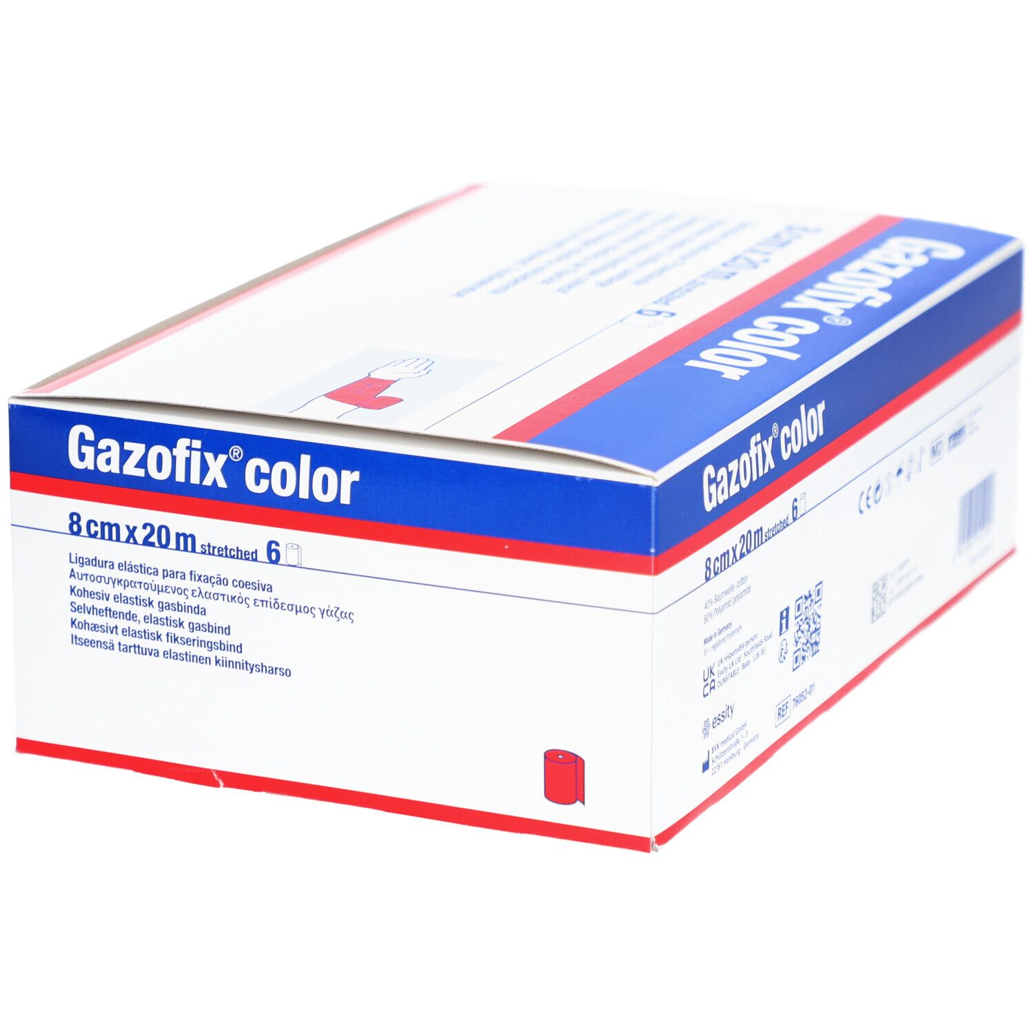 Emballage de Gazofix color. 8cm x 20m, 6 unités. Boîte blanche avec bandes bleues et rouges. Nom du produit et dimensions visibles.