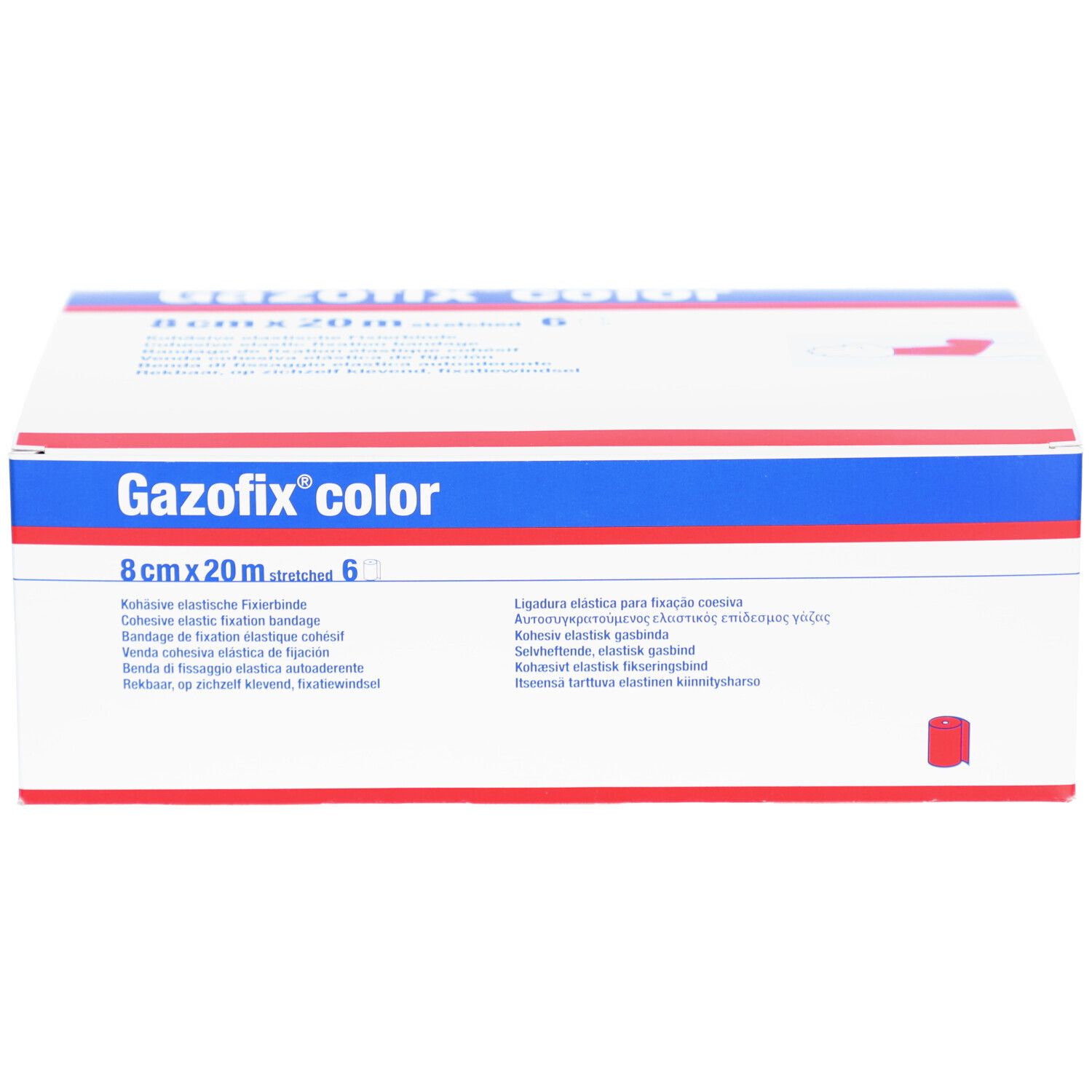 Emballage de Gazofix color. 8cm x 20m, 6 unités. Boîte blanche avec bandes bleues et rouges. Nom du produit et dimensions visibles.
