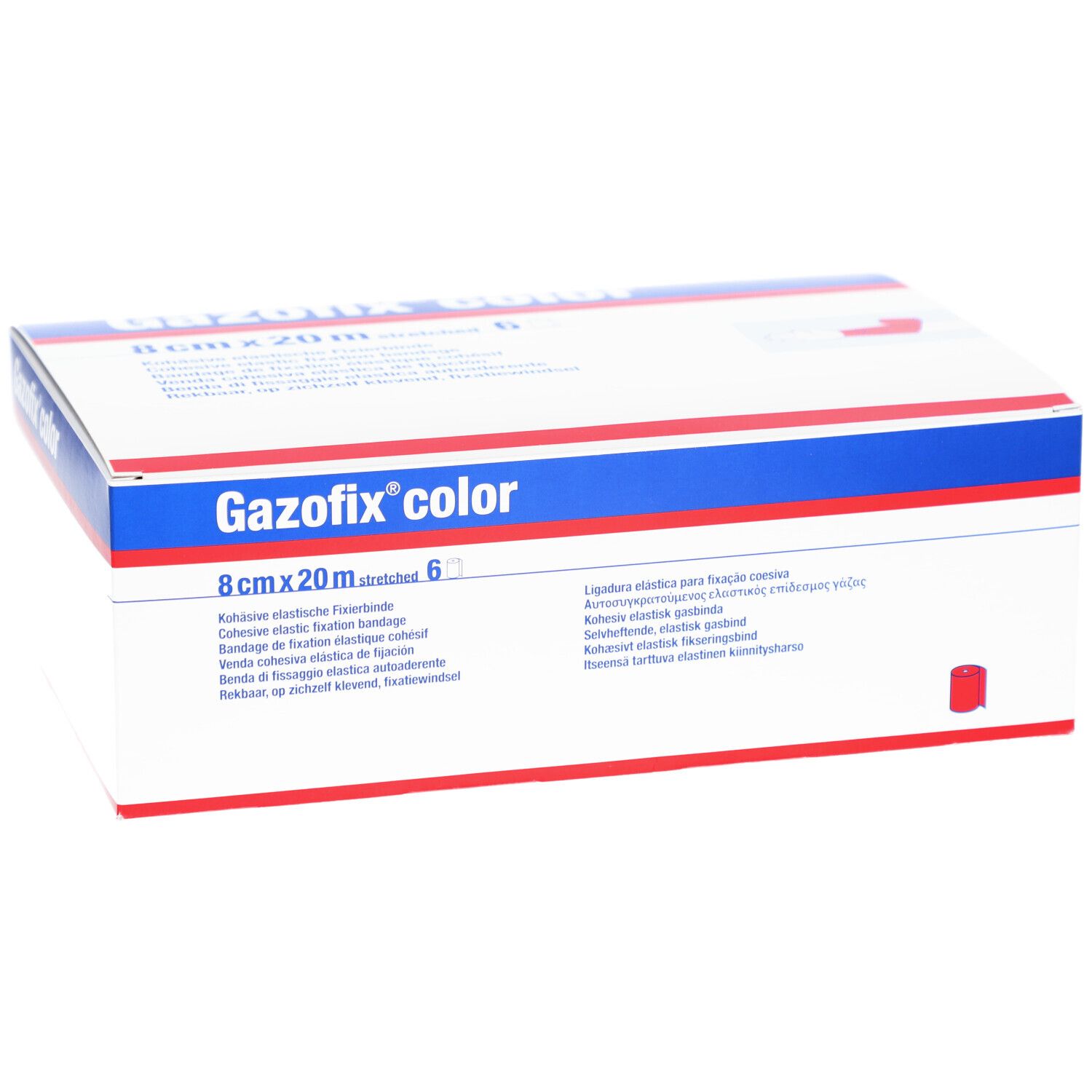 Emballage de Gazofix color. 8cm x 20m, 6 unités. Boîte blanche avec bandes bleues et rouges. Nom du produit et dimensions visibles.