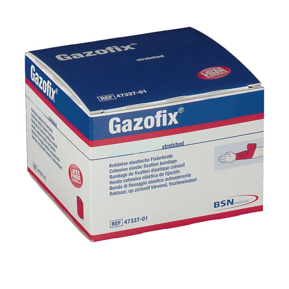 Boîte de bandage de fixation Gazofix®. Emballage blanc et bleu avec nom et logo. Sans latex.