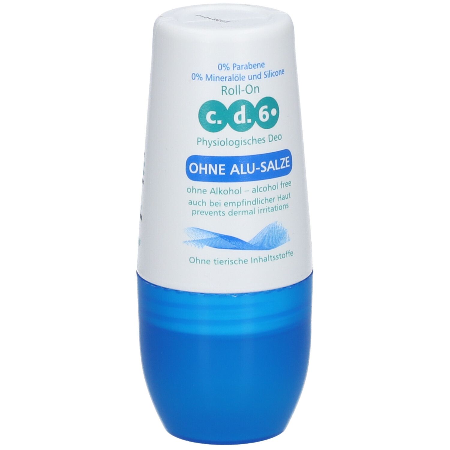 Roll-on déodorant blanc et bleu. Texte: c.d.6, Physiologisches Deo, OHNE ALU-SALZE. Sans alcool, sans ingrédients d'origine animale.
