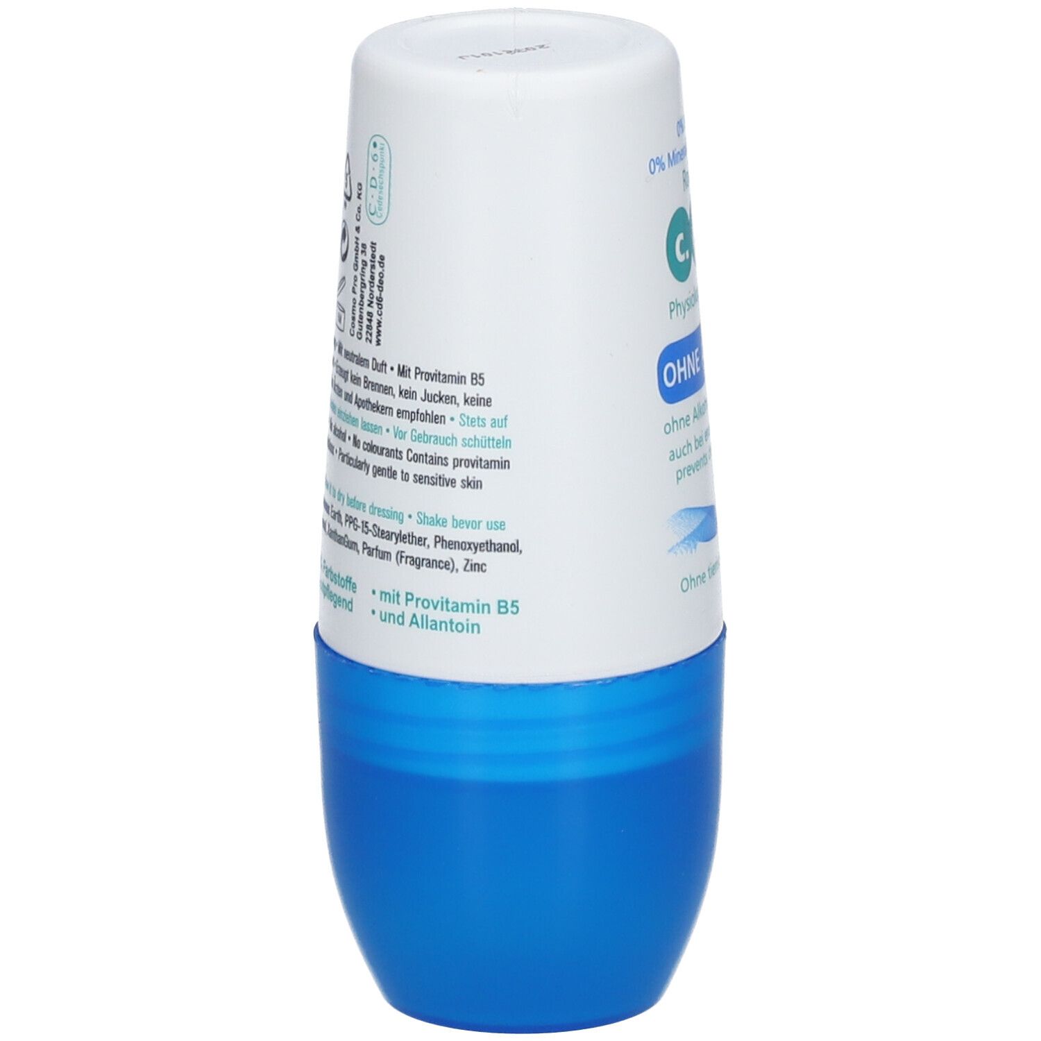 Roll-on déodorant blanc et bleu. Dos avec texte: ingrédients, avec provitamine B5 et allantoïne. Sans colorants, huiles minérales, silicones.