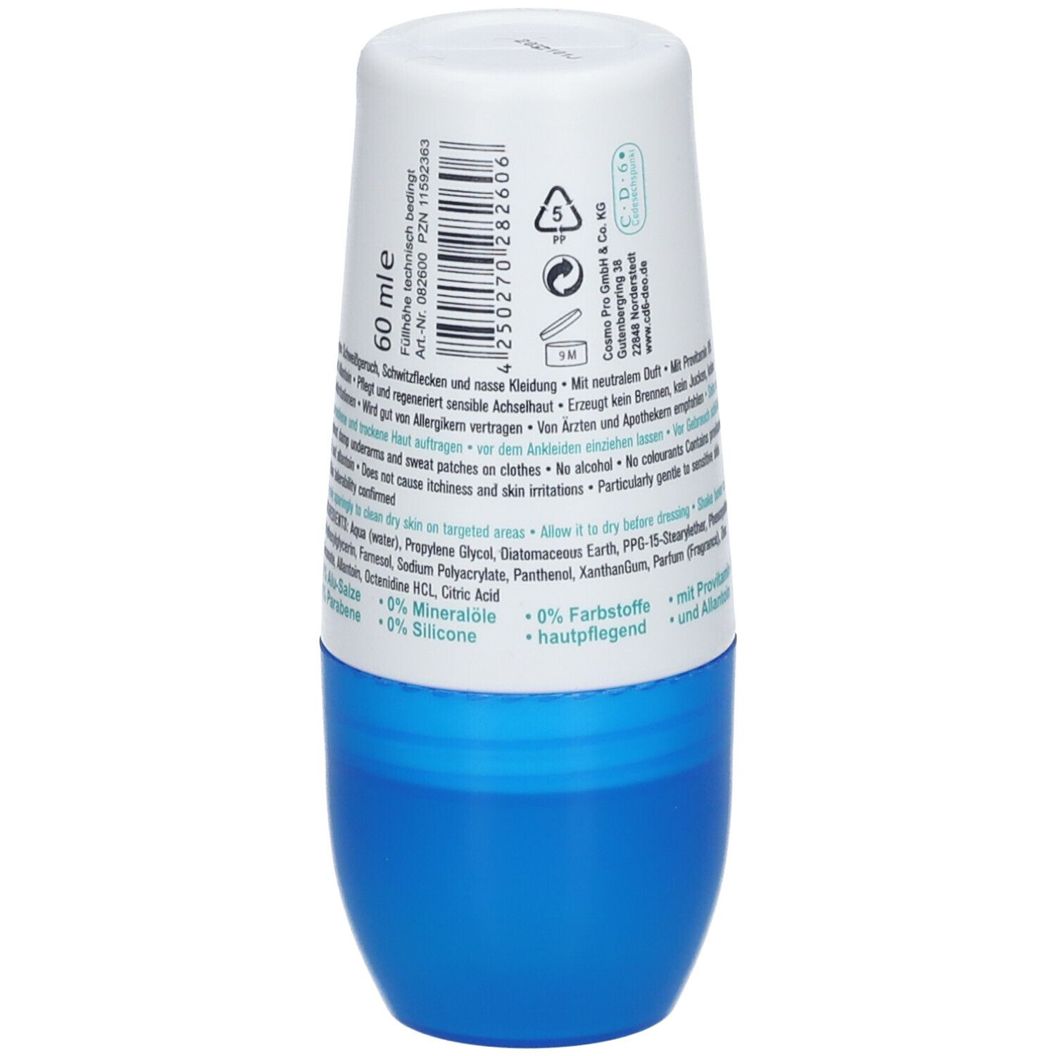 Roll-on déodorant blanc-bleu. Inscription: 60 ml. Texte: ingrédients, sans colorants, sans huiles minérales, sans silicones. Numéro PZN.