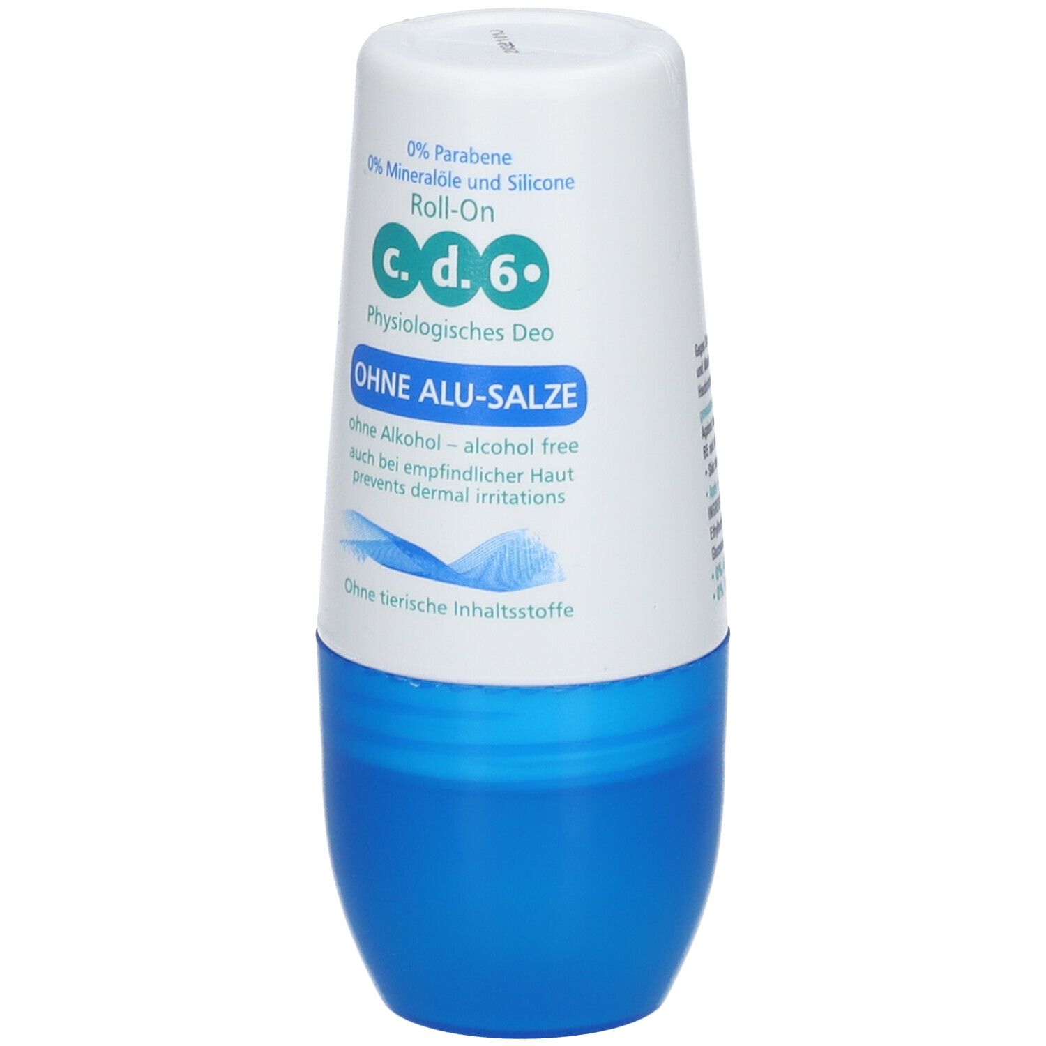 Roll-on déodorant blanc et bleu. Texte: c.d.6, Physiologisches Deo, OHNE ALU-SALZE. Sans alcool, sans ingrédients d'origine animale.