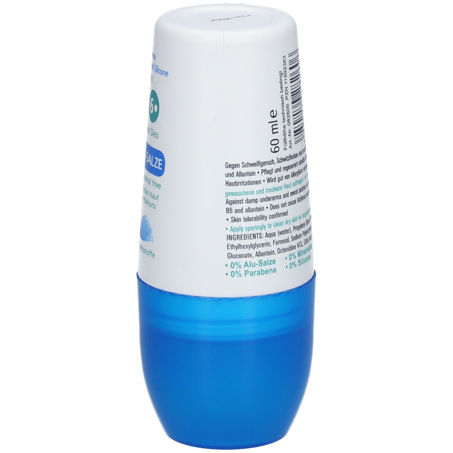 Roll-on déodorant blanc-bleu. Inscription: 60 ml. Texte: ingrédients, sans colorants, sans huiles minérales, sans silicones. Numéro PZN.