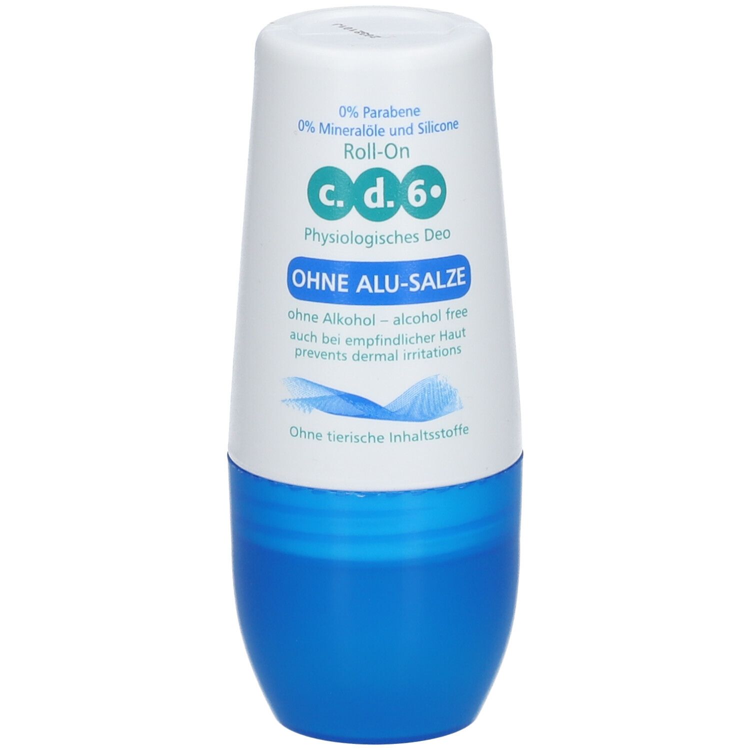 Roll-on déodorant blanc et vert. Texte: c.d.6, Physiologisches Deo, OHNE ALU-SALZE. Sans alcool, sans ingrédients d'origine animale.