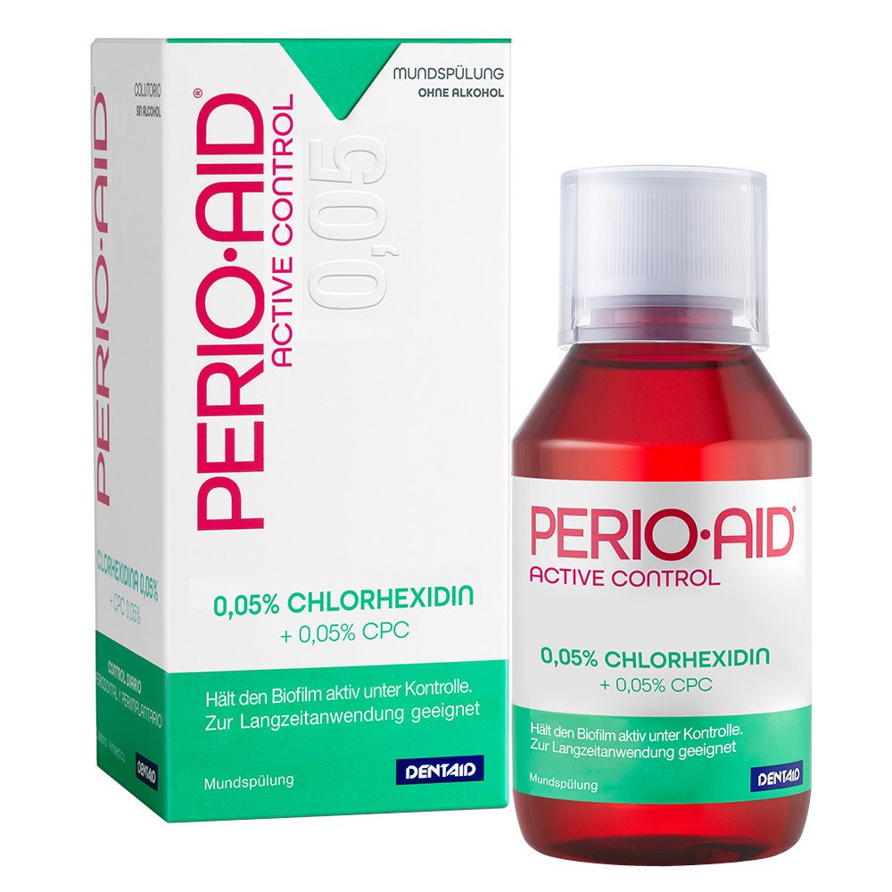 Bain de bouche Perio-Aid Active Control, flacon et boîte. Liquide rouge, bouchon blanc. Inscription : 0,05% Chlorhexidine + 0,05% CPC.