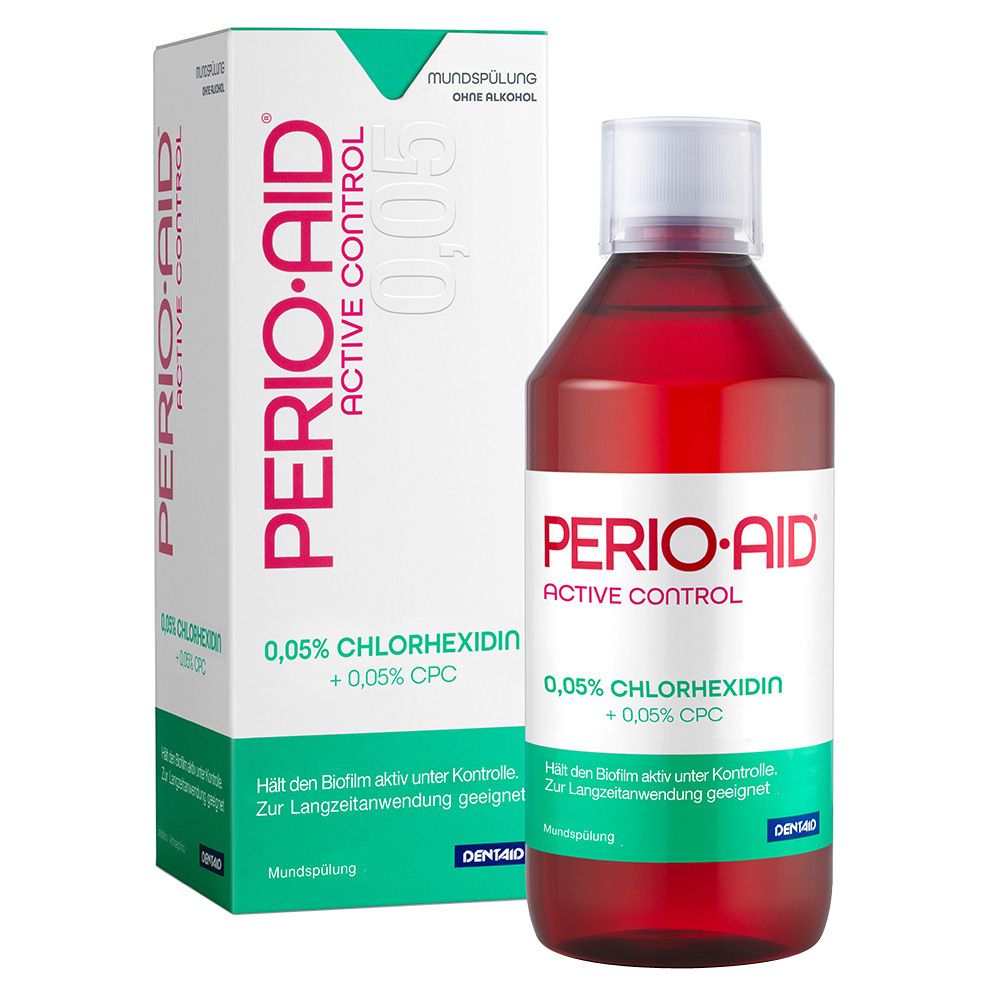 Perio-Aid Active Control bain de bouche. Flacon et emballage. Contient 0,05% Chlorhexidine + 0,05% CPC. Bain de bouche sans alcool.