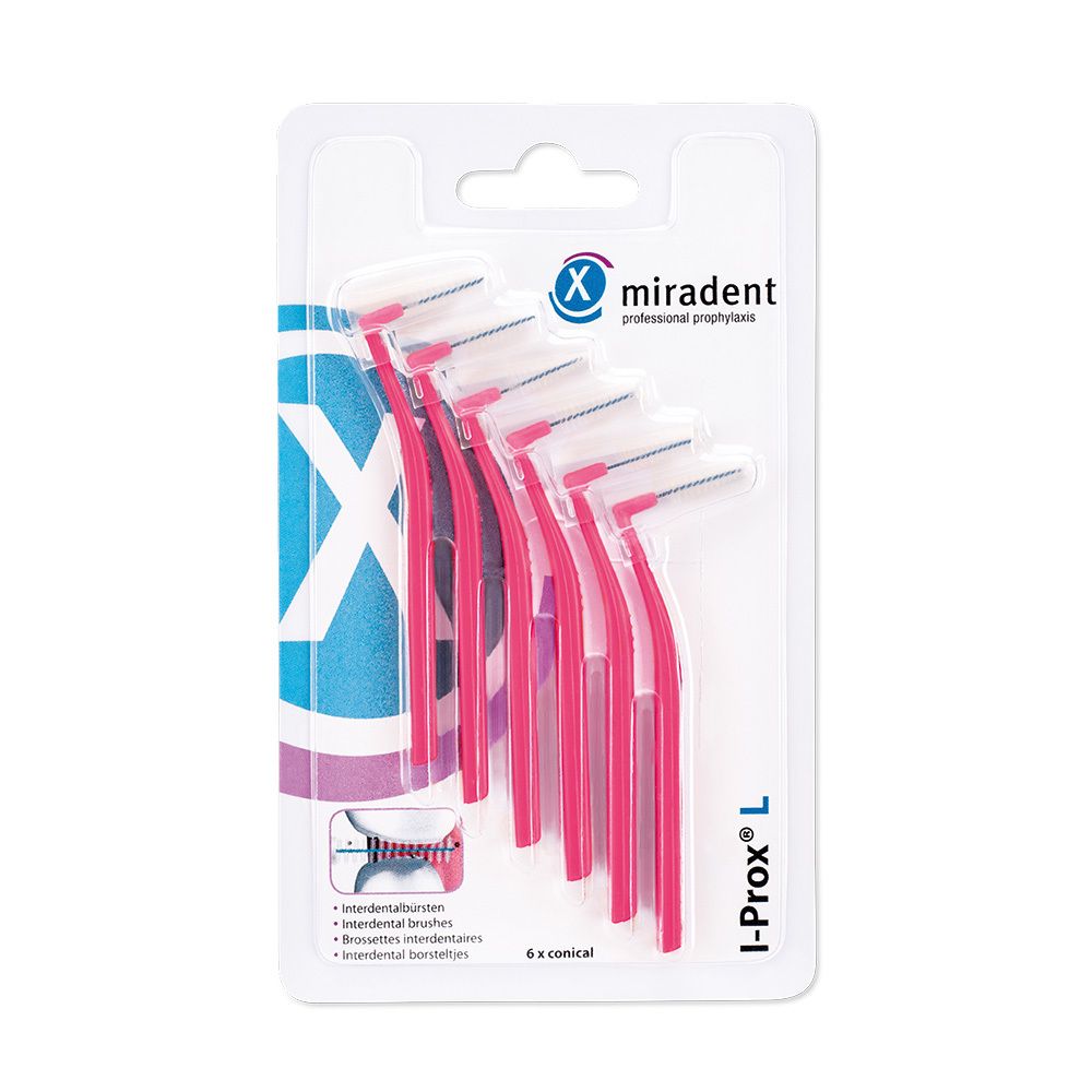 6 brossettes interdentaires roses dans un emballage blister. "I-Prox L" et "miradent" sont visibles.