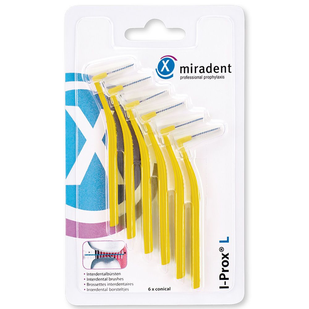 Emballage de brosses interdentaires jaunes. Inscription : I-Prox L, miradent, 6x conical.