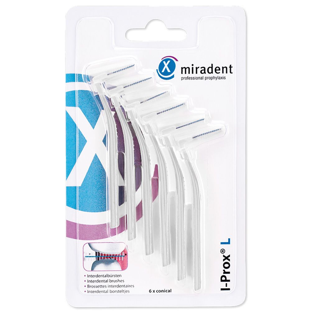 Six brosses interdentaires blanches dans un emballage blister. "miradent" et "I-Prox L" sont visibles. "6 x conical" est écrit sur l'emballage.