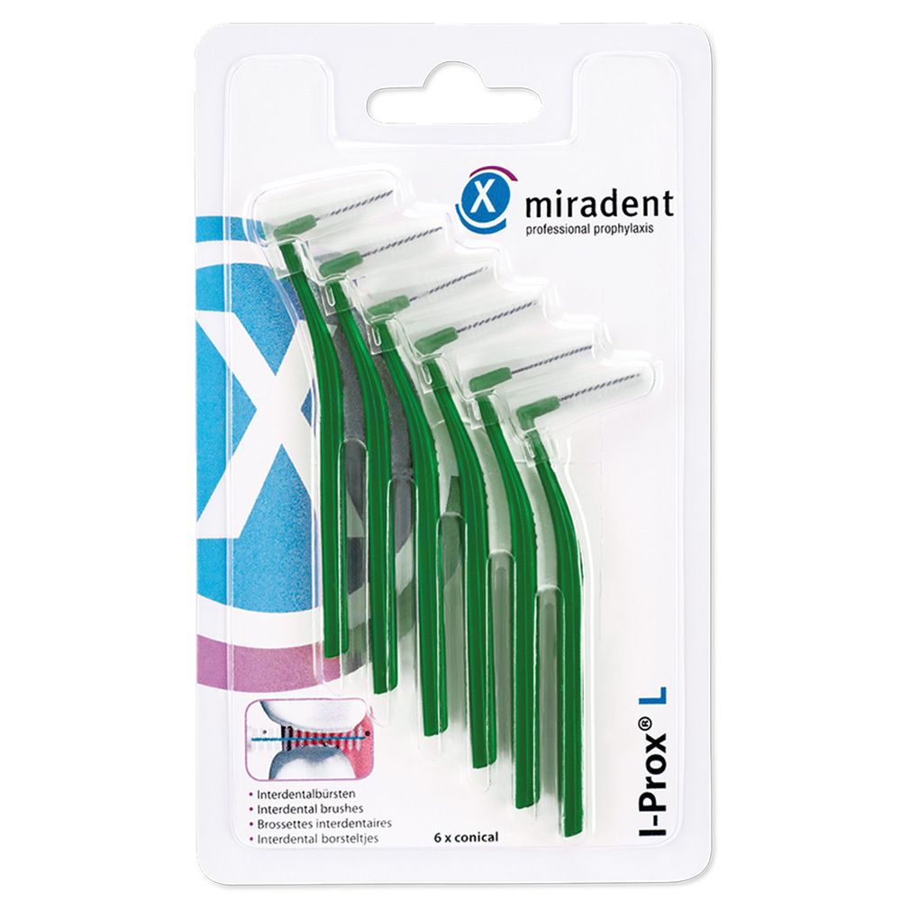 6 brossettes interdentaires vertes dans un emballage blister. Marque : Miradent, type : I-Prox® L. Medium, 0,7 mm.