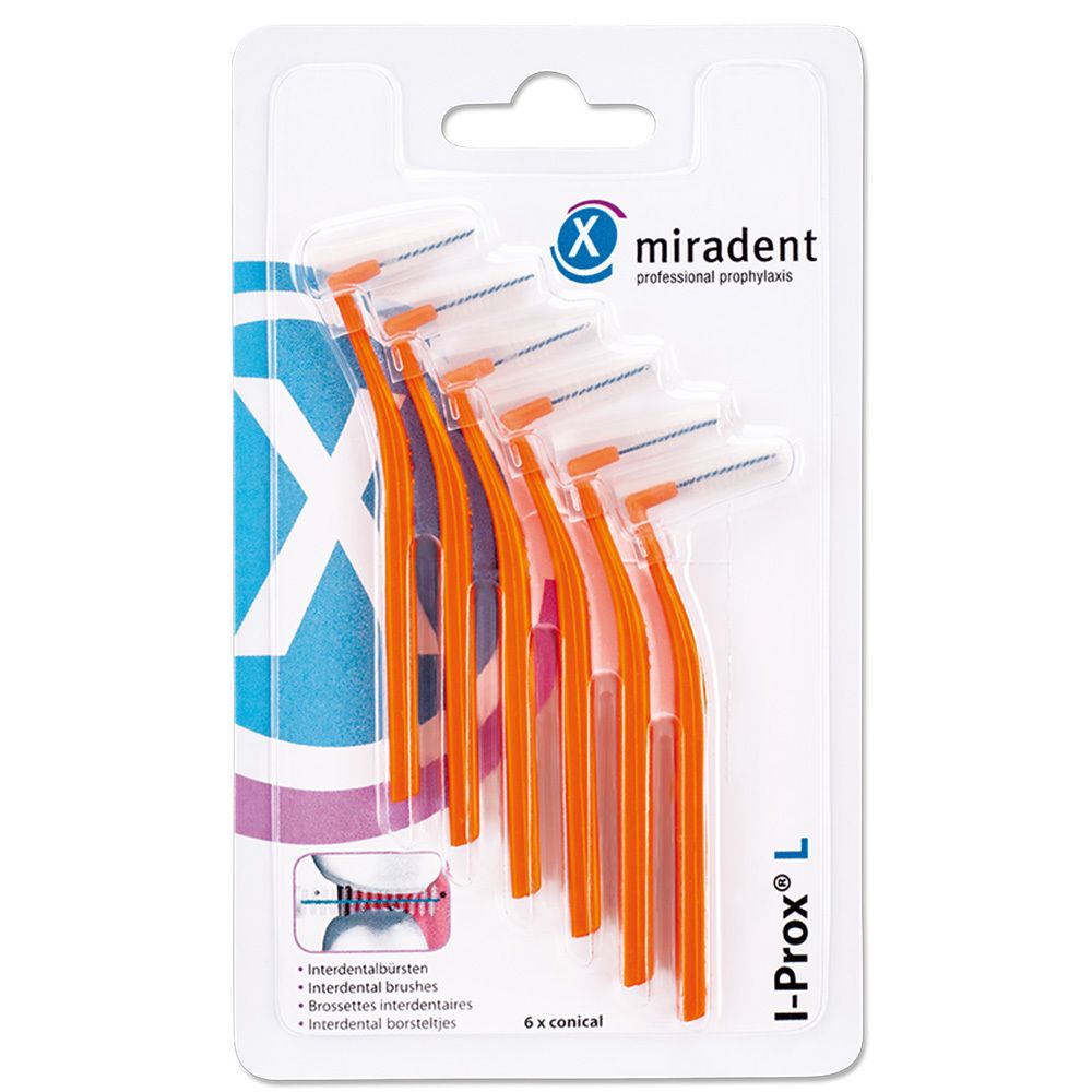 Six brosses interdentaires coniques en blister. Manches orange, soies blanches et bleues. Marque : miradent, I-Prox L.