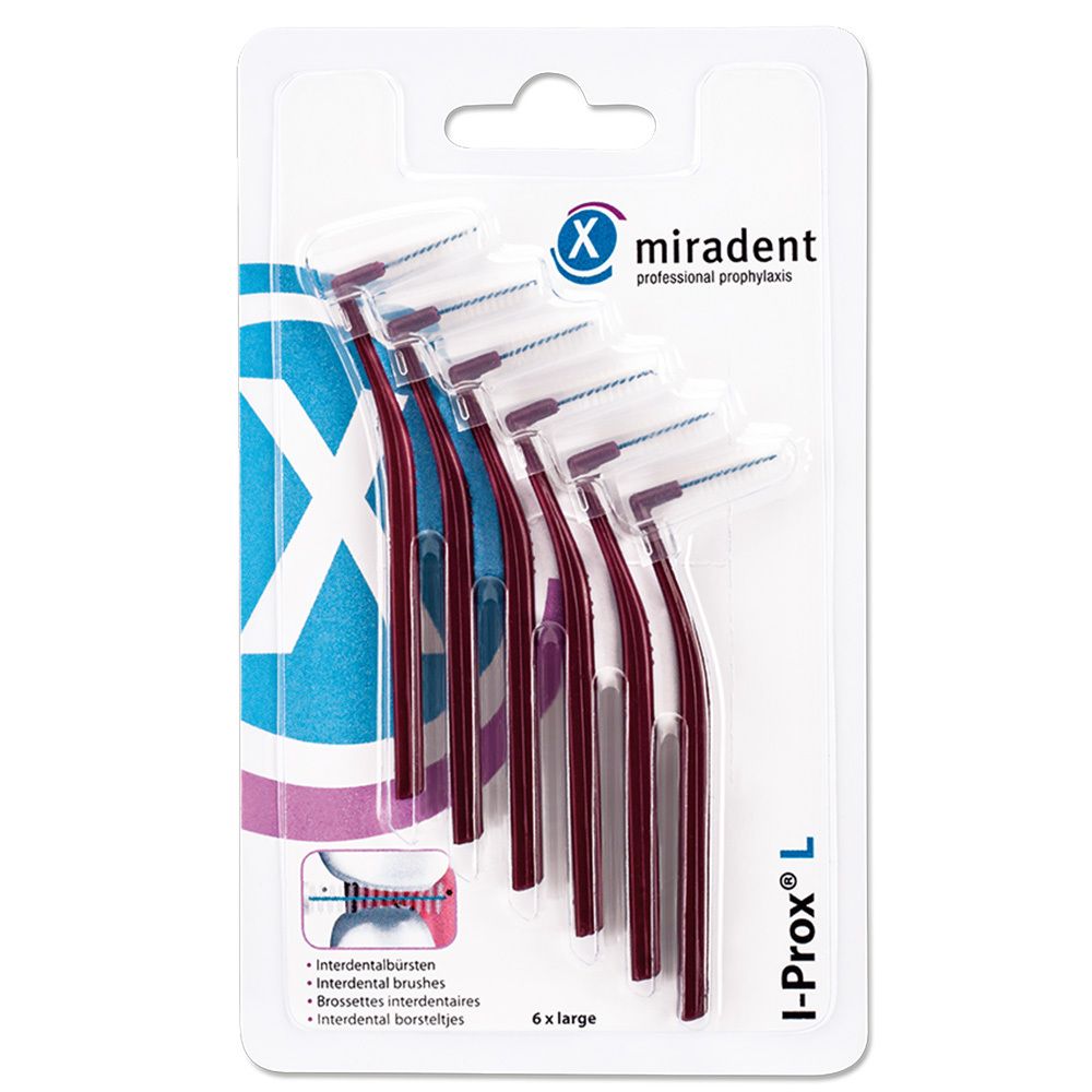 Paquet de six brossettes interdentaires I-Prox® L, bordeaux. Manche en plastique, tête avec brins. Marque : Miradent.