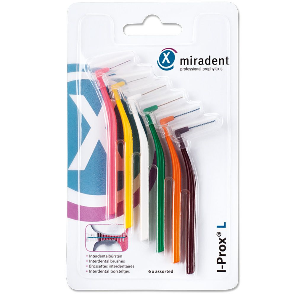Emballage de 6 brosses interdentaires Miradent I-Prox L de couleurs assorties.