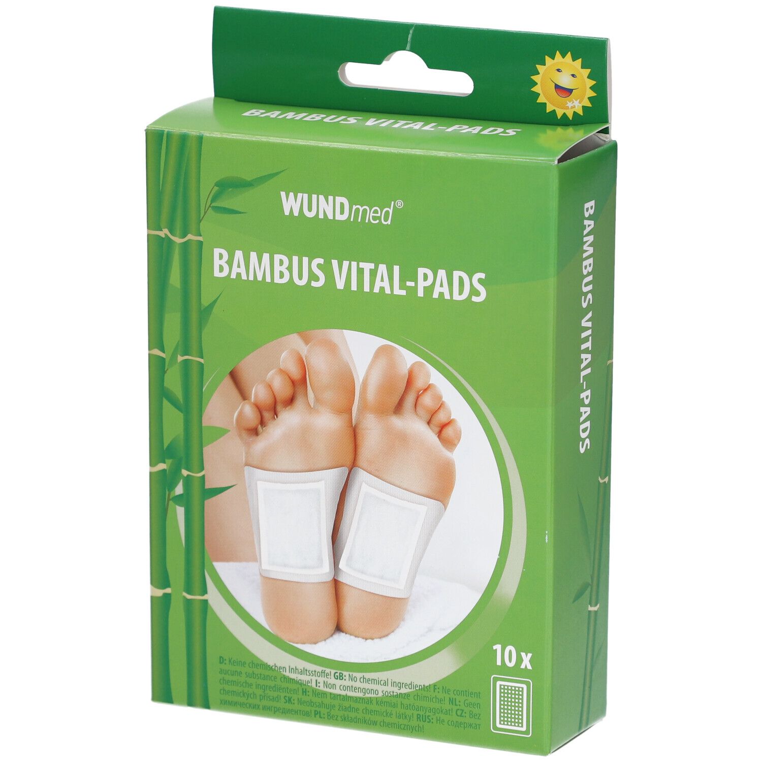 Emballage vert WUNDmed Bambus Vital-Pads. Pieds avec pads. 10 pièces. Motif bambou.