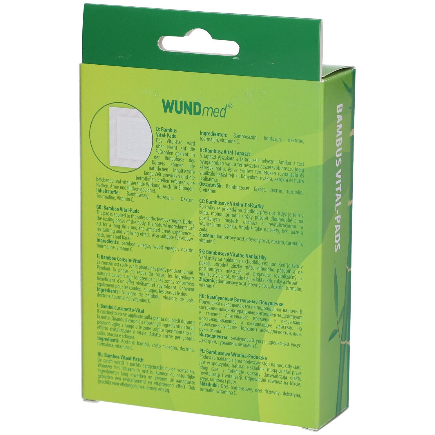 Dos de l'emballage vert WUNDmed Bambus Vital-Pads. Texte en plusieurs langues.