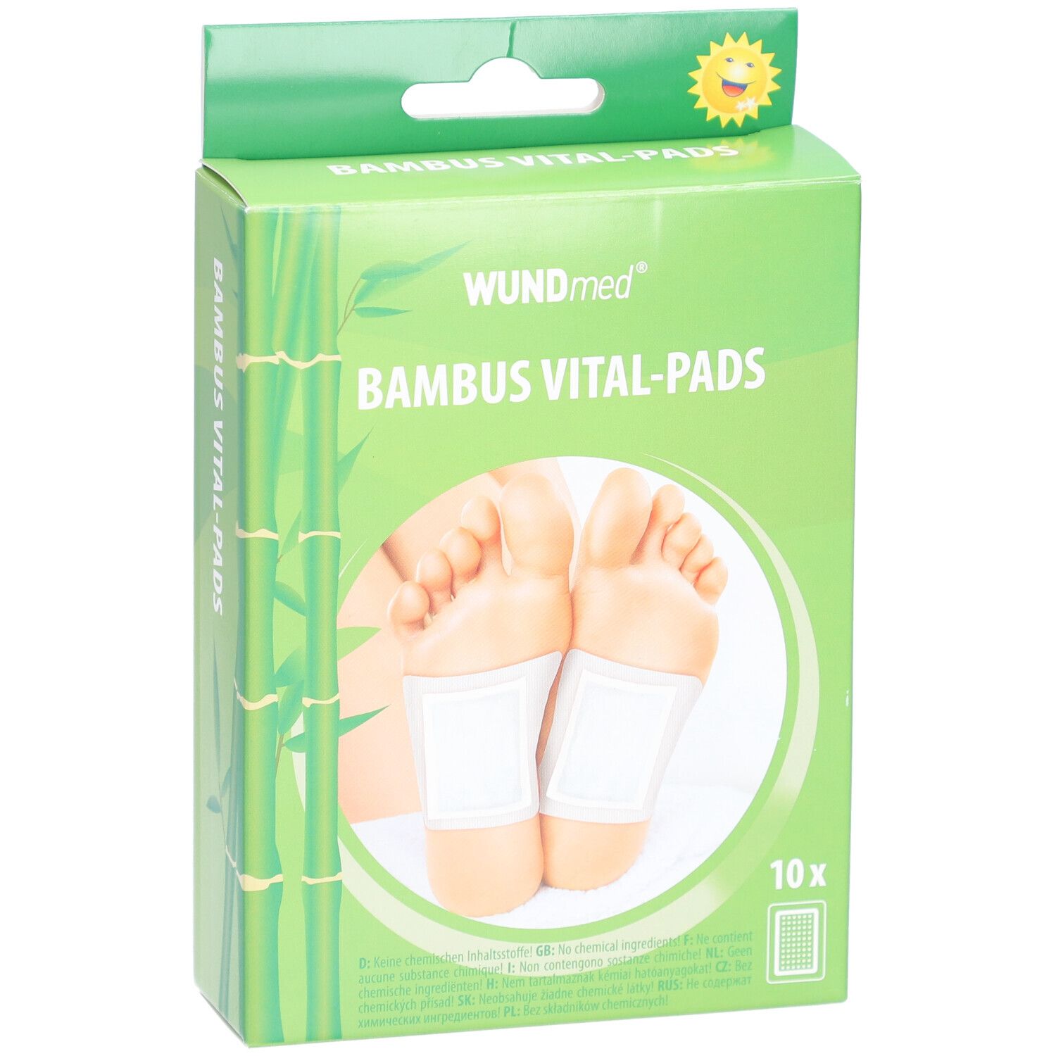Emballage vert WUNDmed Bambus Vital-Pads. Pieds avec pads. 10 pièces. Motif bambou.