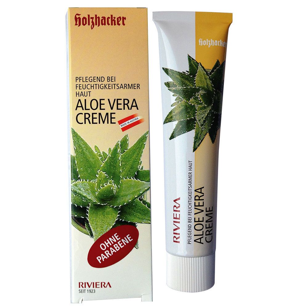 Tube et étui de crème. Inscription: Aloe Vera Creme. Logo: Holzhacker. Avec plante d'aloe vera. Sans parabène.