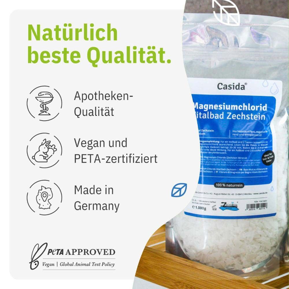 Emballage avec texte: Qualité pharmacie, Vegan et certifié PETA, Fabriqué en Allemagne. Logo PETA APPROVED.
