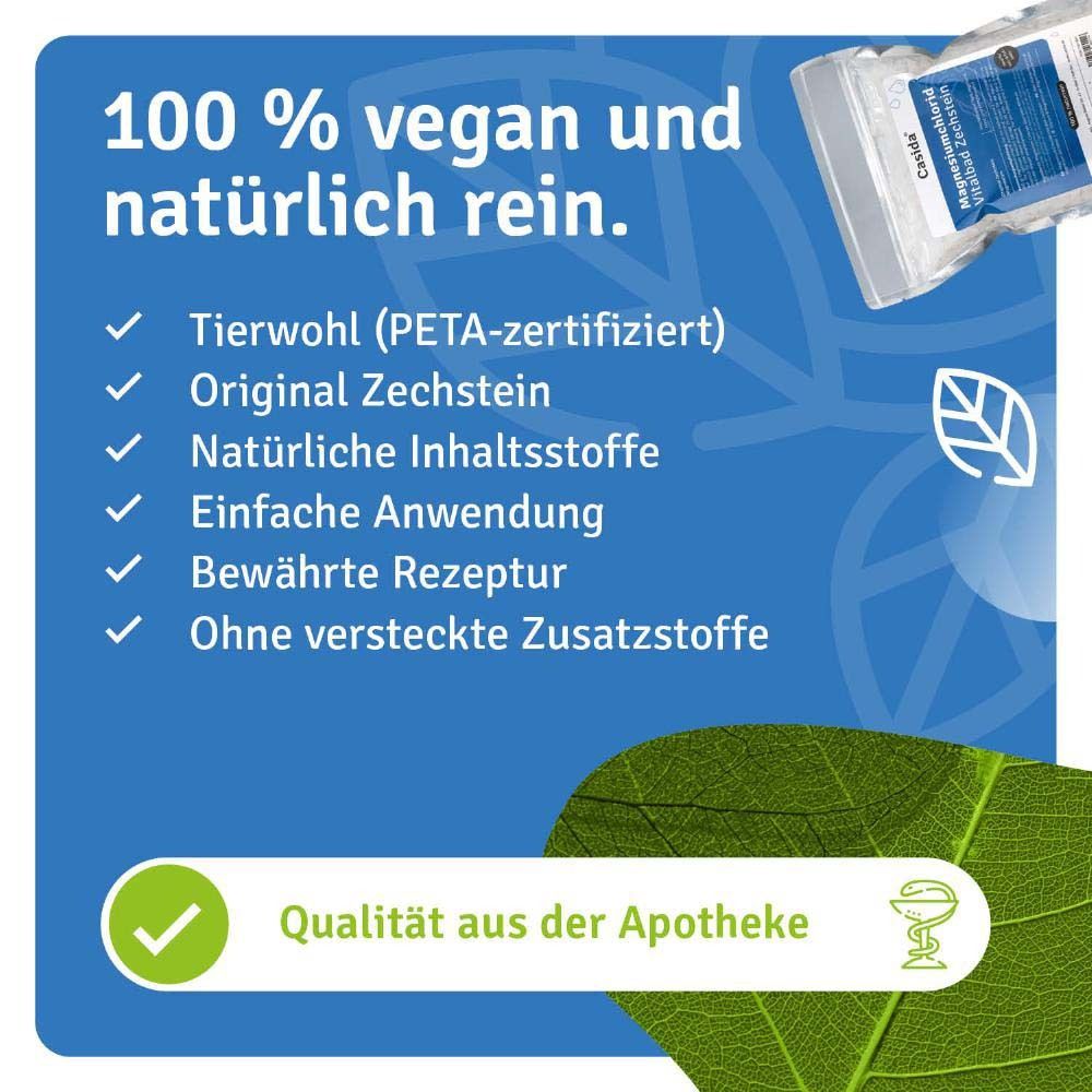 Emballage avec texte: 100 % vegan et naturellement pur. Certifié PETA, Original Zechstein, ingrédients naturels. Qualité pharmacie.