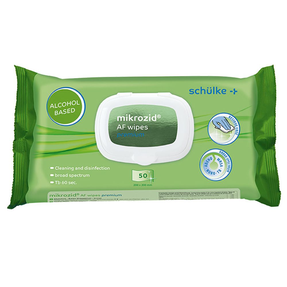 Emballage vert avec logo "mikrozid AF wipes". Label "Alcohol Based". 50 lingettes. Marque : schülke.