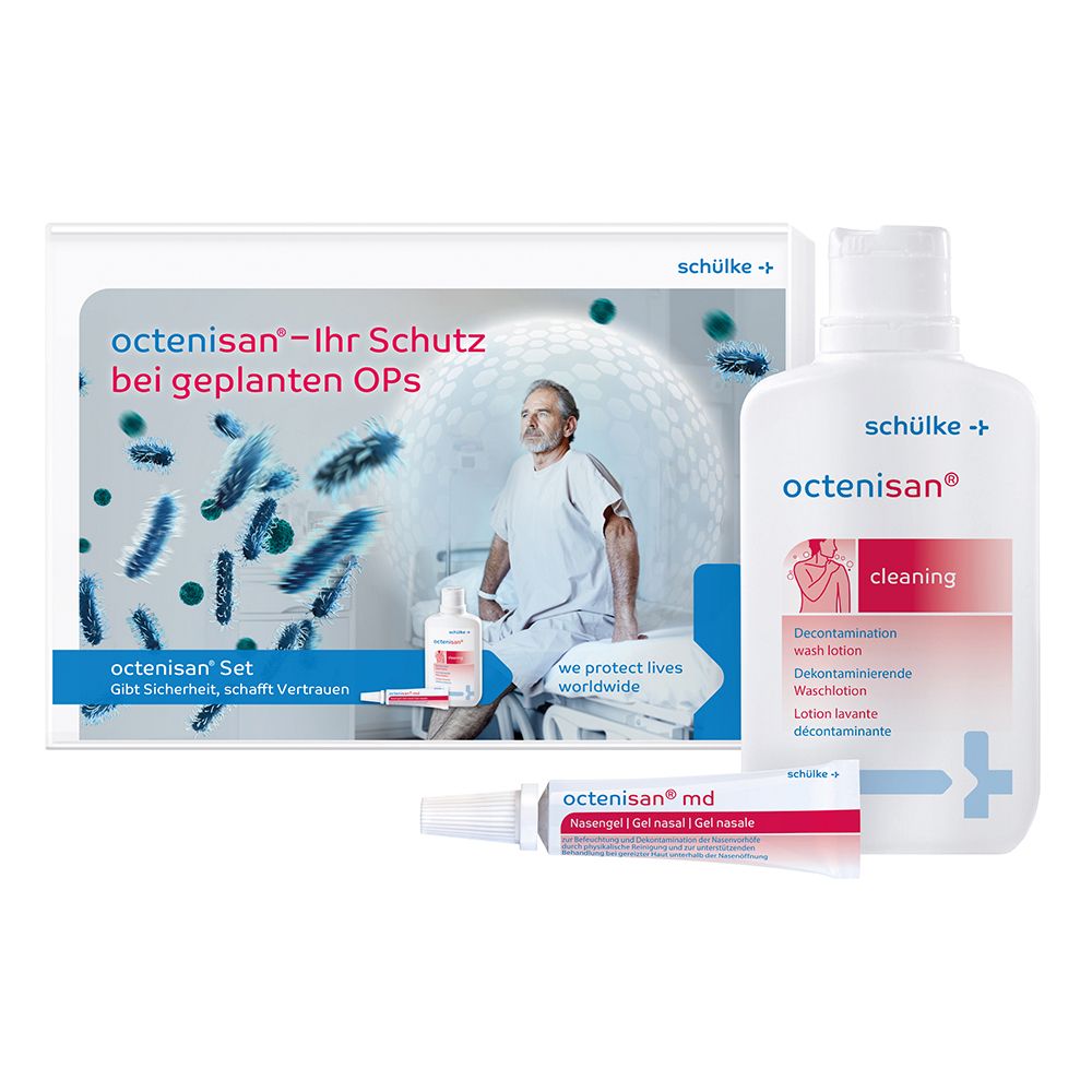 Ensemble de lotion lavante et gel nasal. Comprend une bouteille, un tube et un emballage. Inscription : octenisan® Set, schülke +.