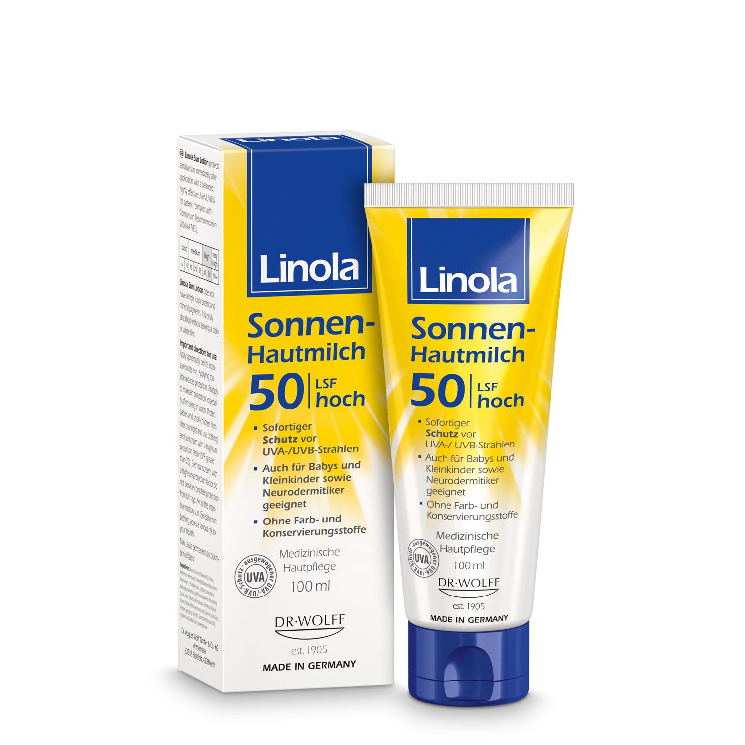 Linola Lait solaire SPF 50, tube et emballage. Jaune et blanc, accents bleus. Soin médical pour peaux sèches et sensibles.