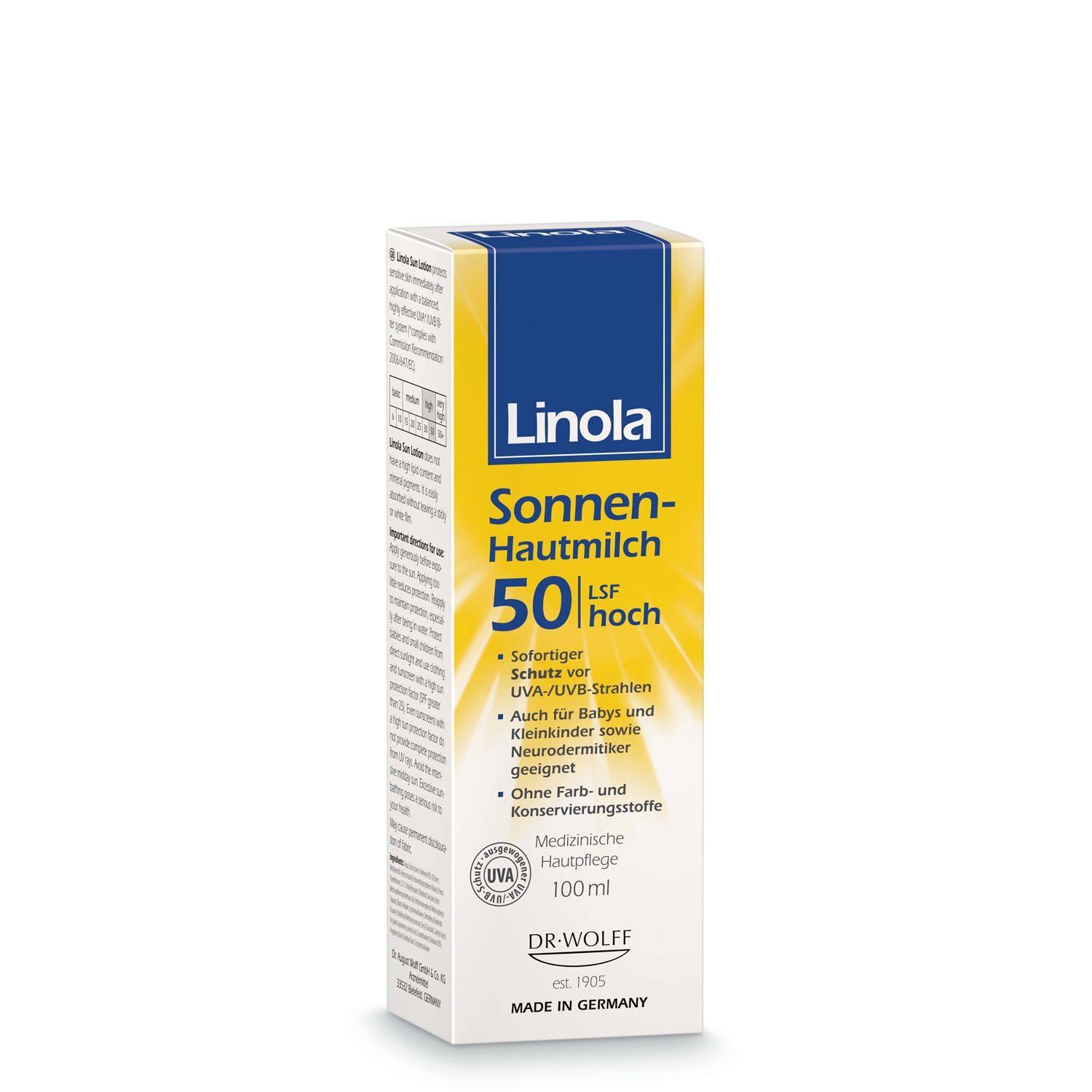 Linola Lait solaire SPF 50, emballage. Blanc, jaune et bleu. Soin médical pour peaux sèches et sensibles.