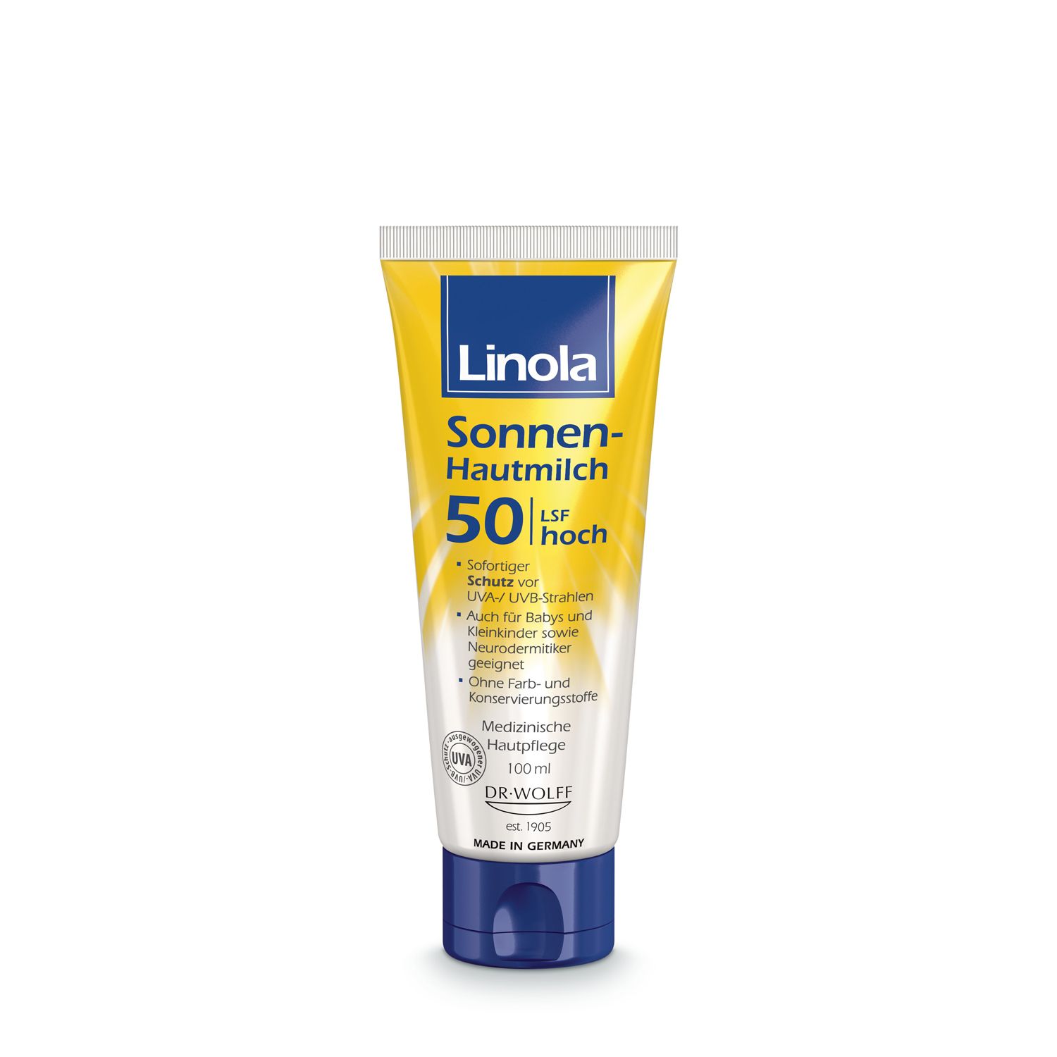 Linola Lait solaire SPF 50, tube. Jaune et blanc, bouchon bleu. Soin médical pour peaux sèches et sensibles.