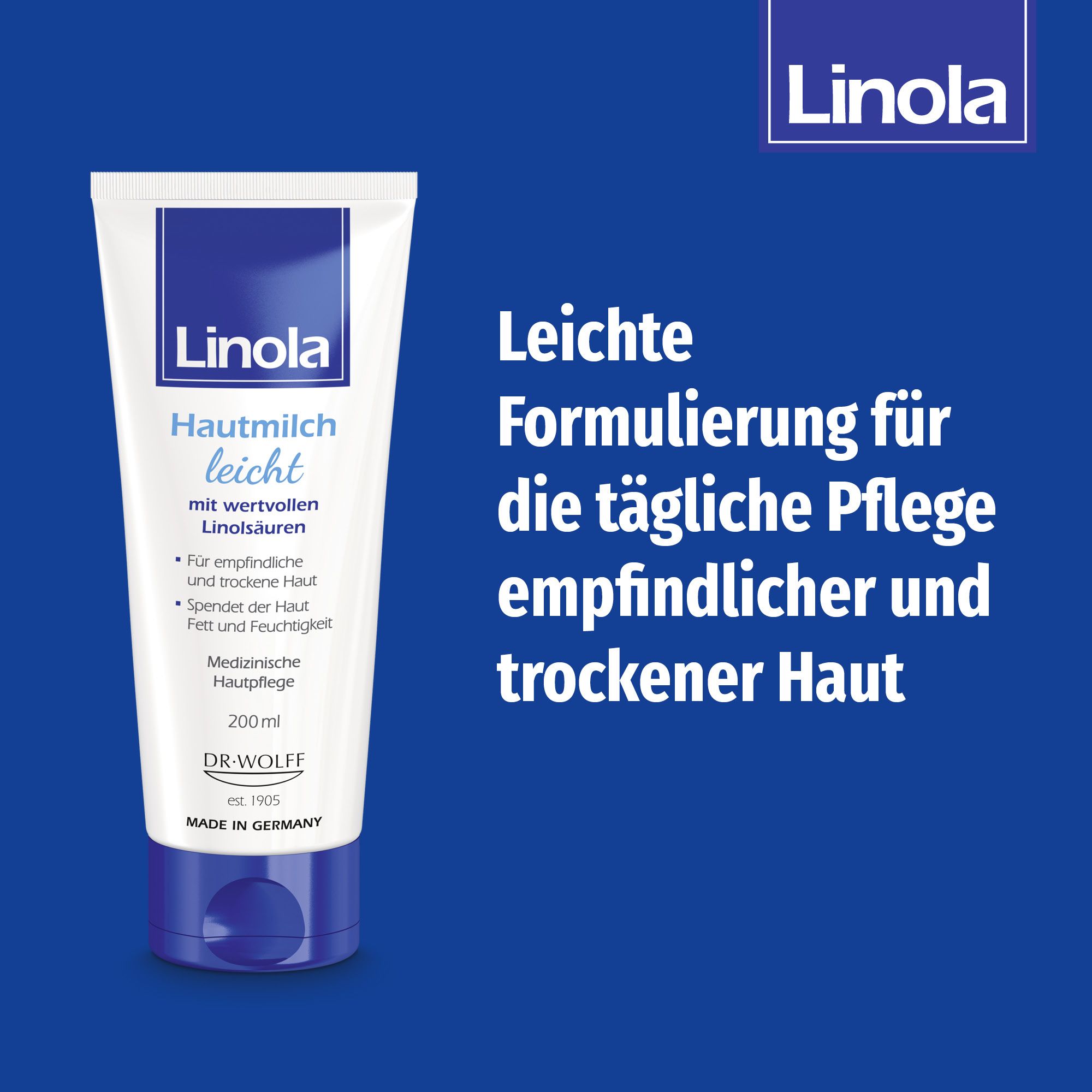 Tube blanc avec texte bleu. Inscription : Linola Lait corporel léger. Pour peaux sensibles et sèches. Texte sur fond bleu.