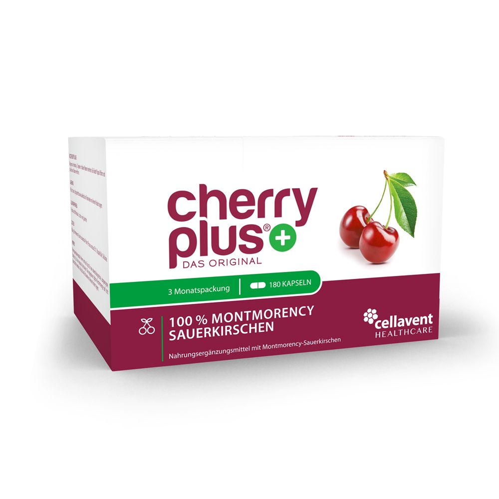 Boîte de gélules CHERRY PLUS®. 180 gélules, emballage pour 3 mois. Image de cerises.