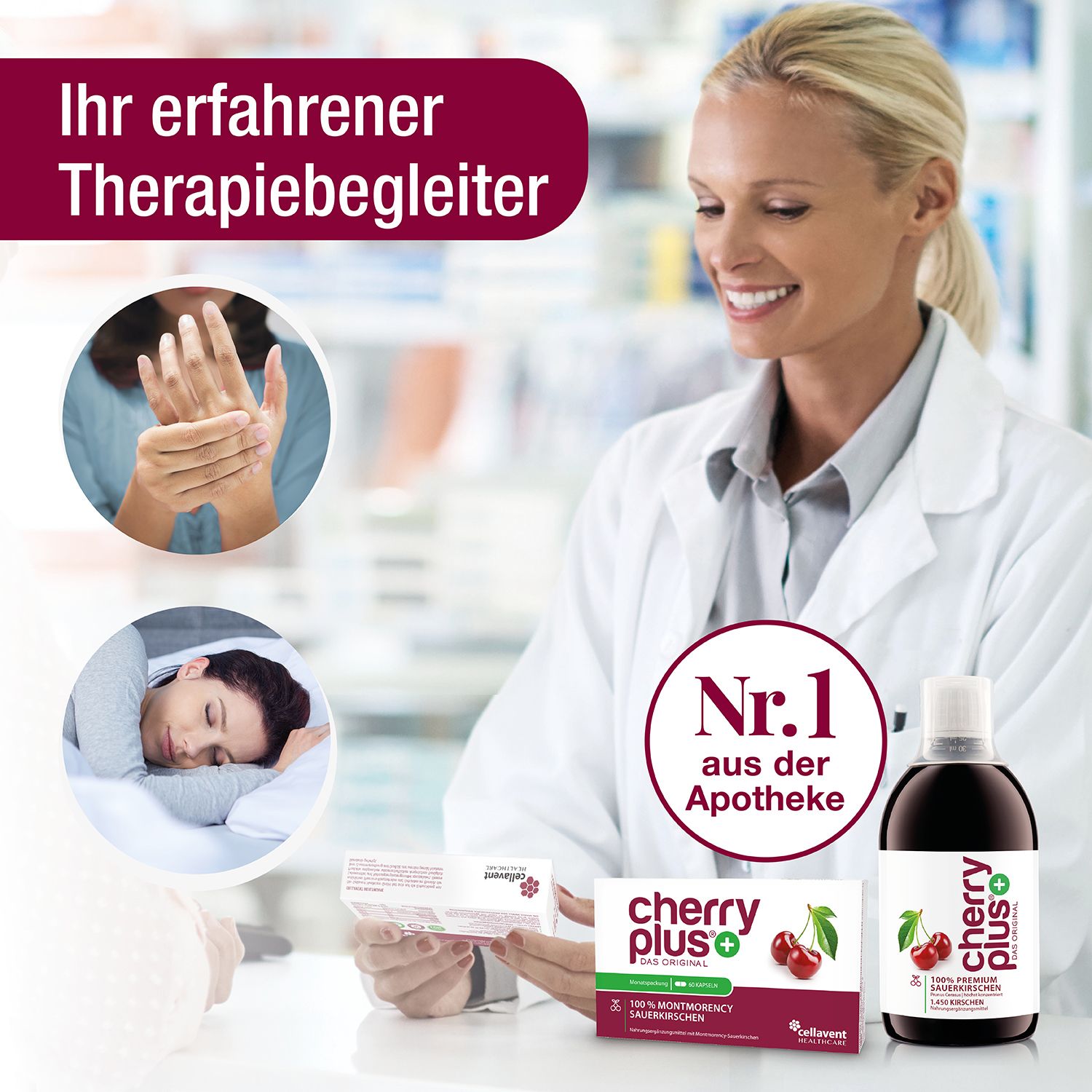 Pharmacienne avec produits CHERRY PLUS®. Bouteille et boîte de gélules. Images de sommeil et main.