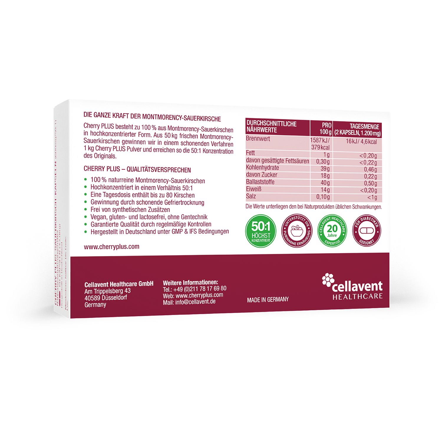 Dos de l'emballage CHERRY PLUS®. Informations nutritionnelles, ingrédients, informations fabricant.