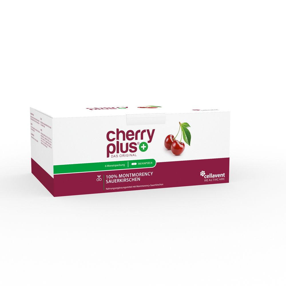 Boîte blanche avec cerises et texte CHERRY PLUS®. Inscription : 100% Montmorency Sauerkirschen.